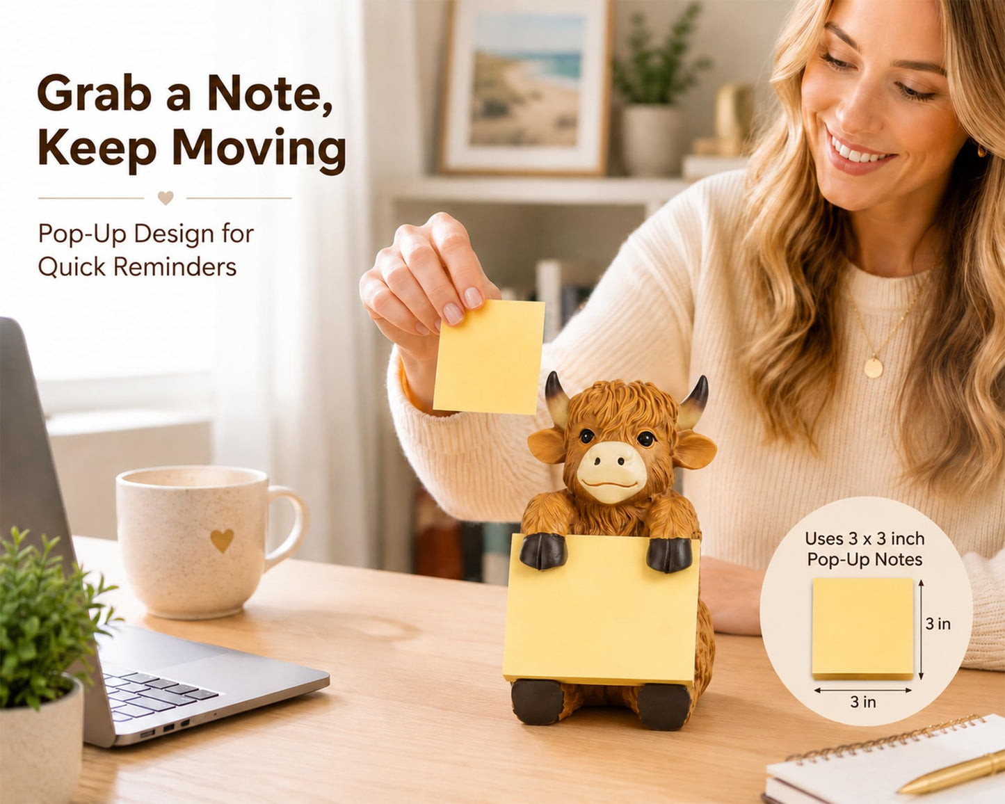 HORTIX Highland Cow Pop-Up Sticky Note Dispenser for 3 x 3 in Notes, Brown