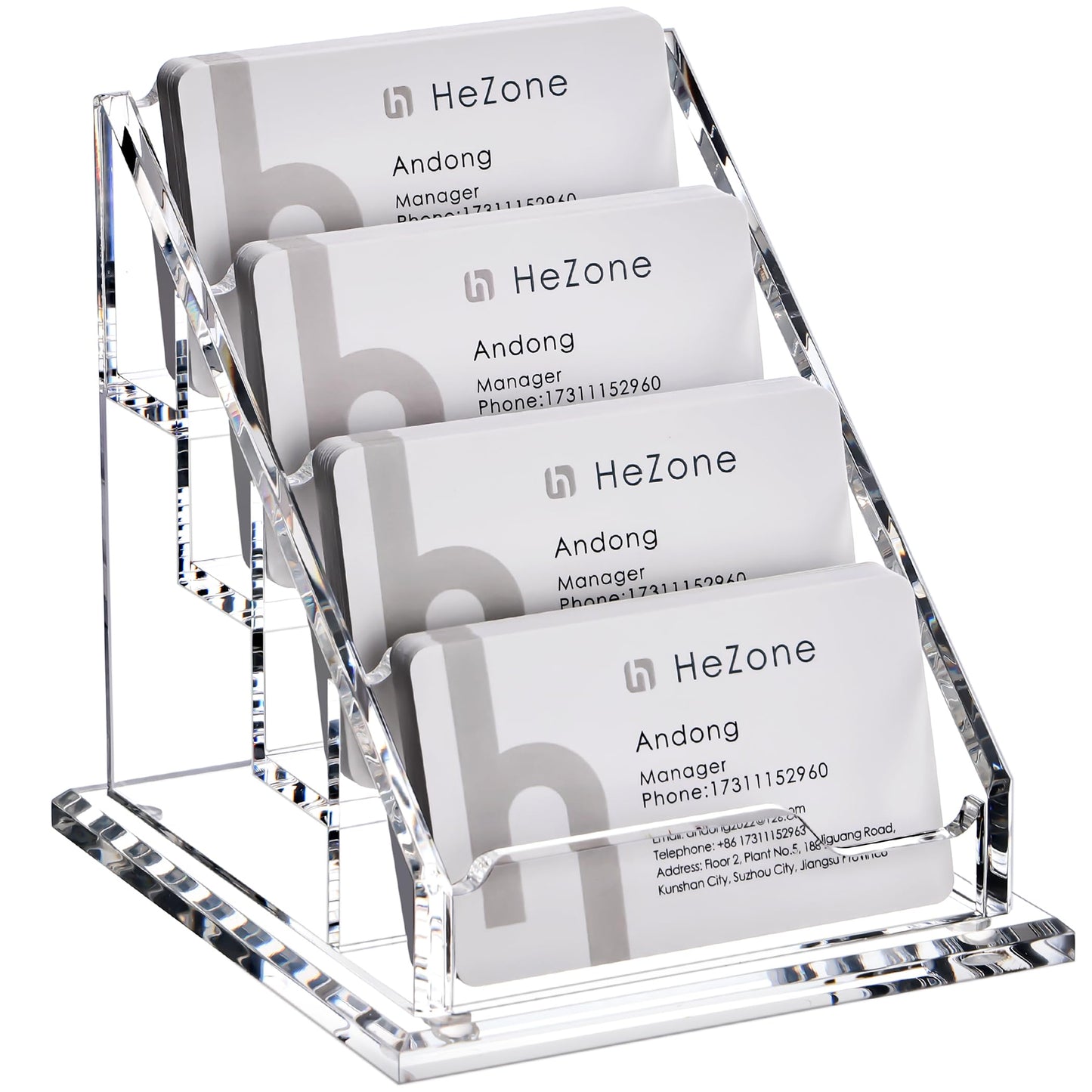HeZone Acrylic Card Holder Clear Horizontal Business Card Organizer Stand for Desk 4 Slots 4 Tier
