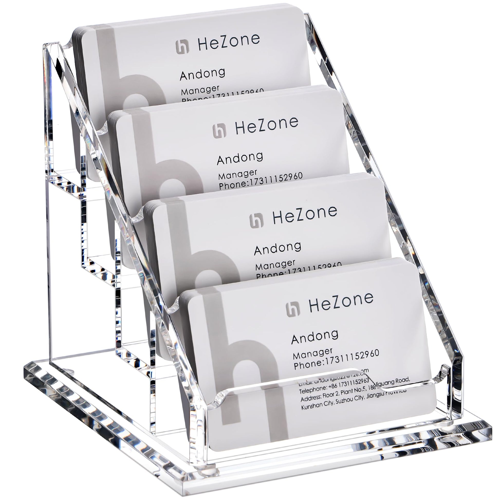 HeZone Acrylic Card Holder Clear Horizontal Business Card Organizer Stand for Desk 4 Slots 4 Tier