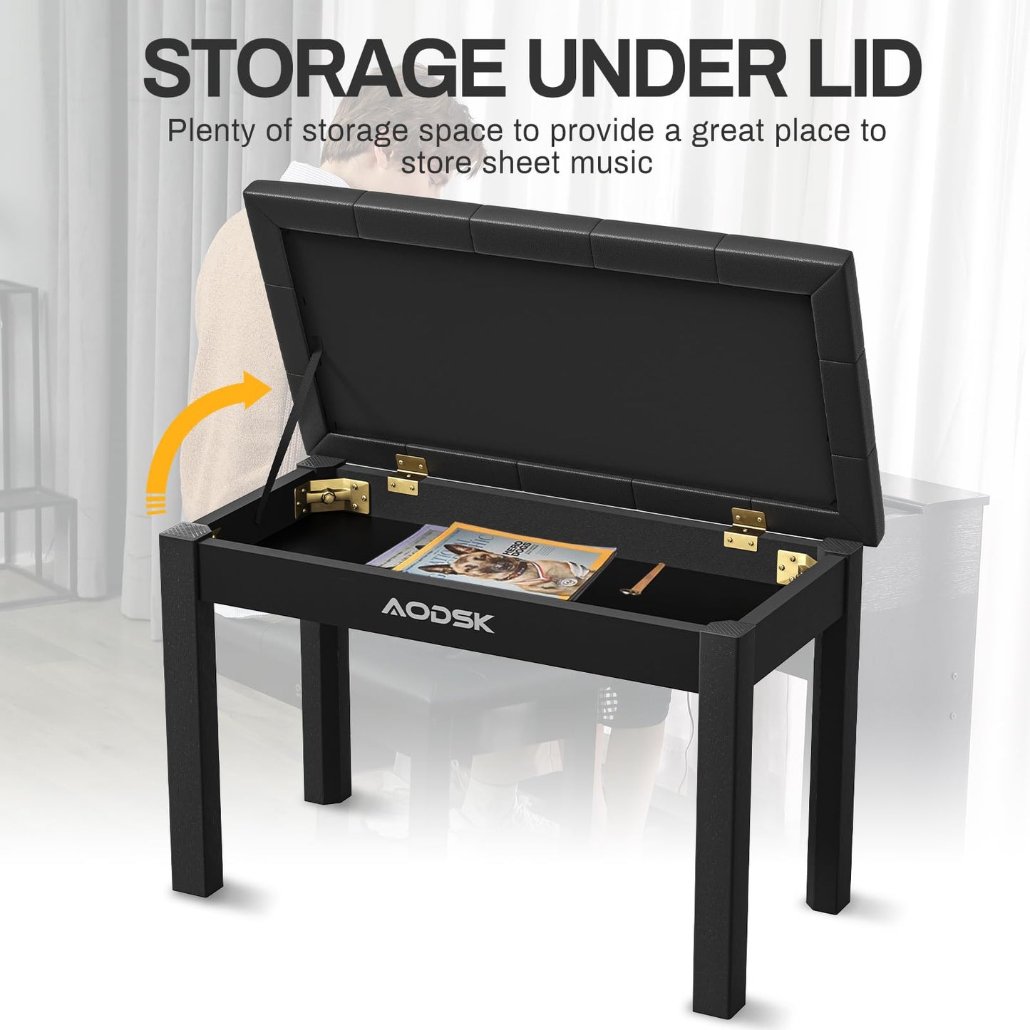 AODSK Wooden Duet Piano Bench with Padded Cushion and Storage Compartment for Music Books