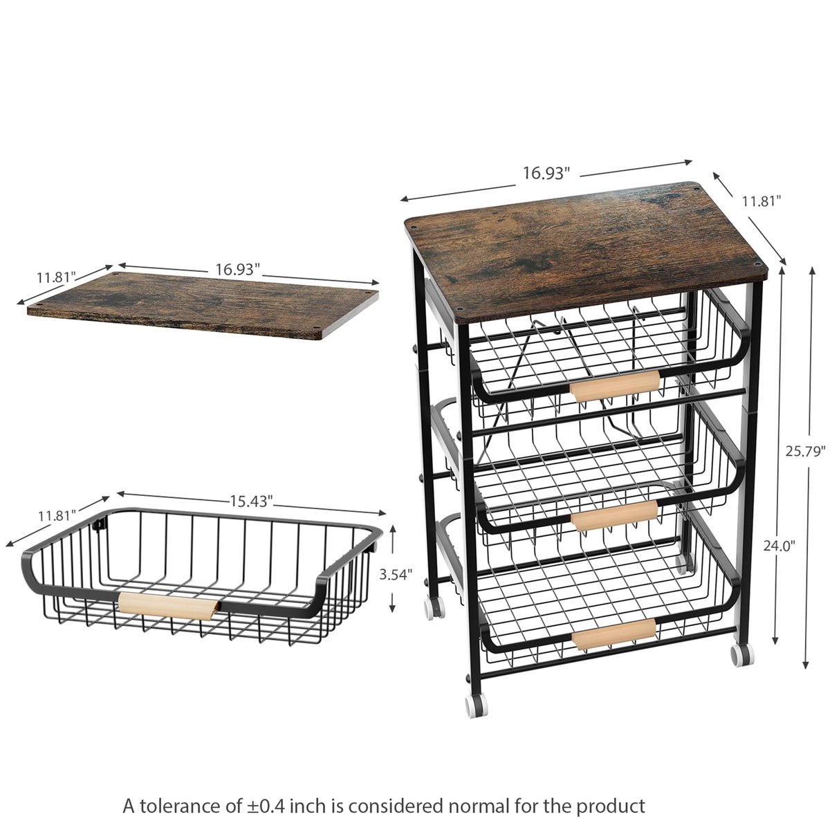 JAQ Fruit Vegetables Carts, 4-Tier Slide Out Metal Storage Baskets Stand Organizers with Wood Top