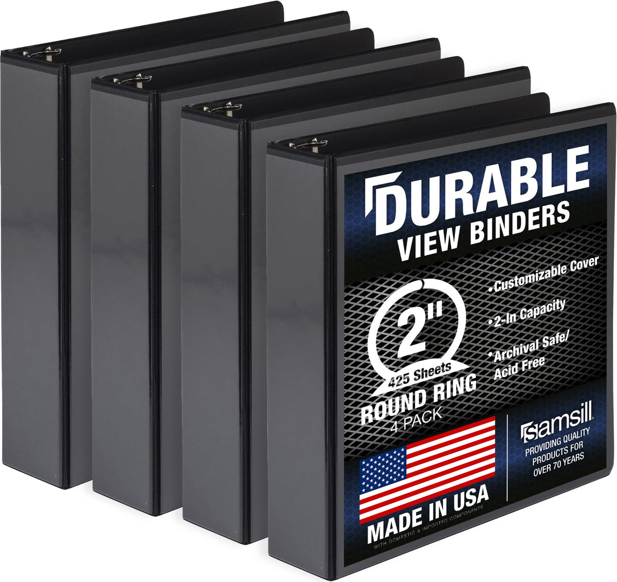 Samsill 4 Pack Durable 2 Inch 3 Ring Binders, Round Ring, Clear View Cover for Presentations, Black