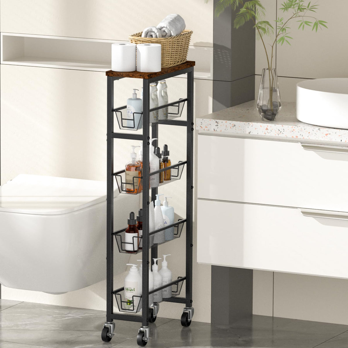 Honest Slim Storage Cart 4-Tier Slim Rolling Cart with Metal Frame and Wooden Top, 6.3 Inches