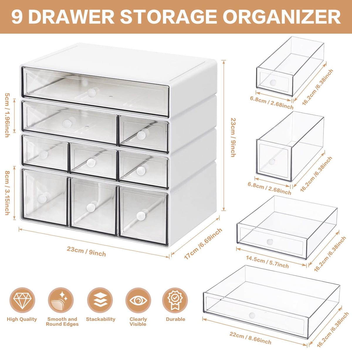 FODIENS Desk Storage Organizer with 9 Drawers, 4 Tiers Stackable Desktop Craft Storage Drawers