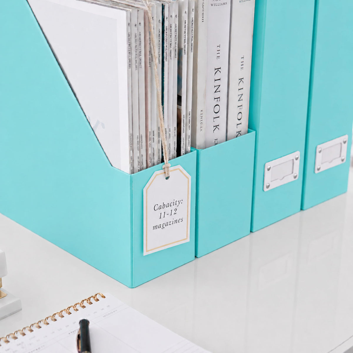BLU MONACO Set of 6 Aqua Magazine File Holders | Foldable Magazine Storage Boxes with White Leather