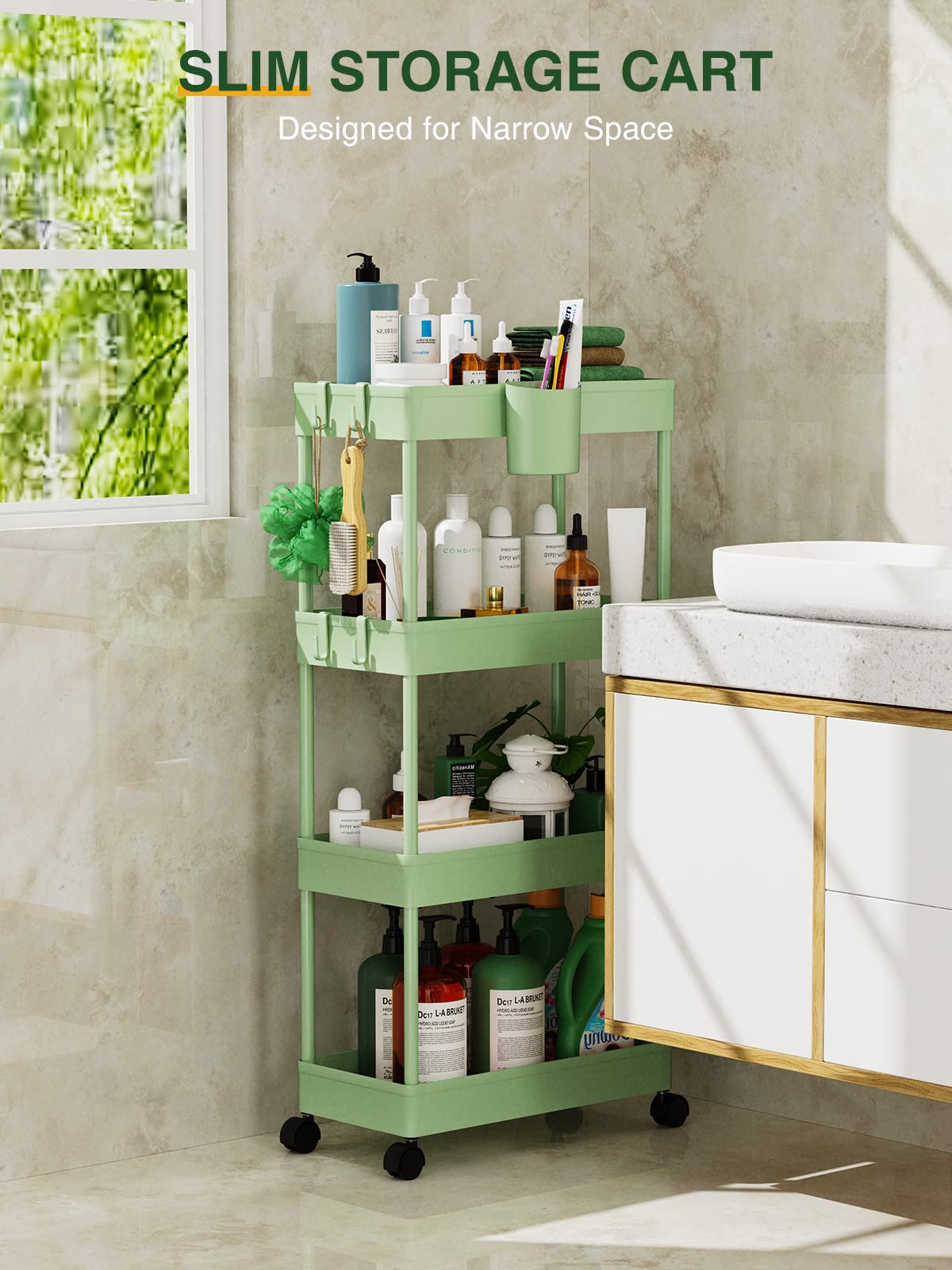 LEHOM Slim Rolling Storage Cart - 4 Tiers Bathroom Organizer Utility Cart