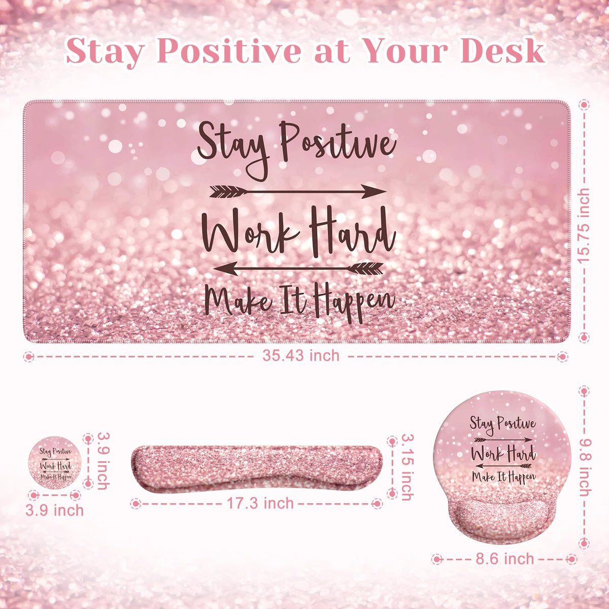 iCasso Pink Ergonomic Mouse Pad with Wrist Rests Set for Desk Accessories