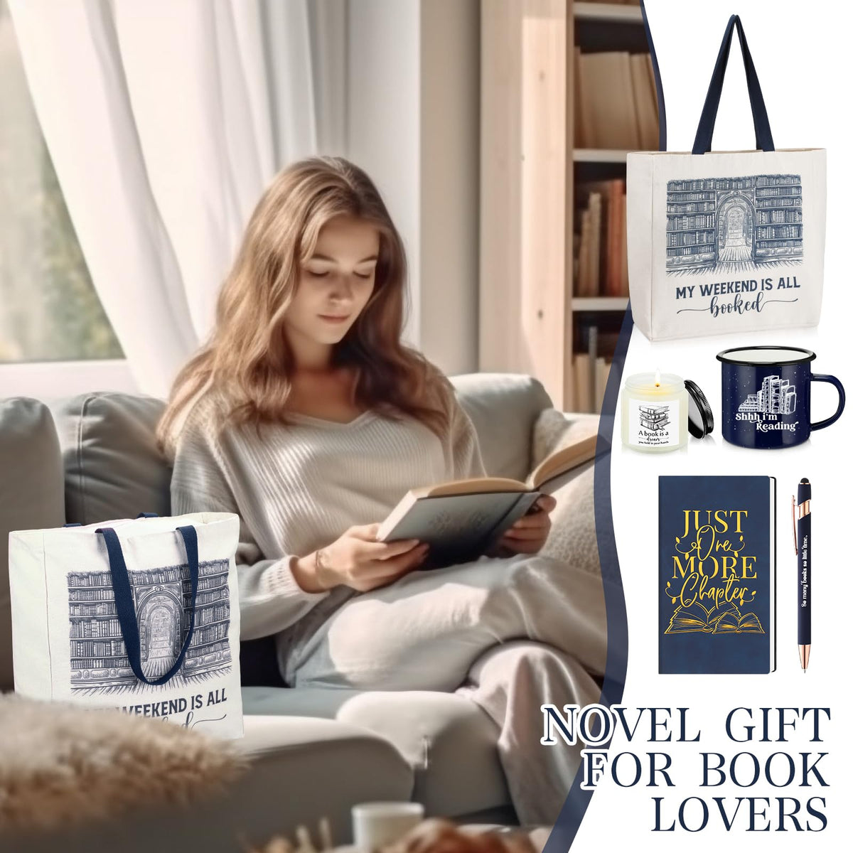 Jetec 5 Piece Book Lovers Set, Canvas Tote Bag Notebook, Candle, Blue