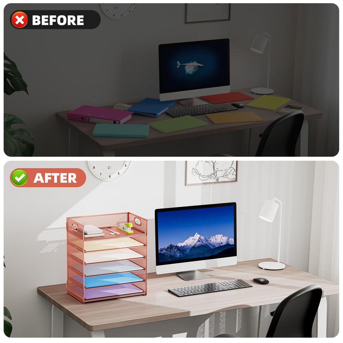 Marbrasse 2 Pack Desk Organizer with Handle, 6 Tier Paper Letter Tray, Mesh Desk File Organizer for