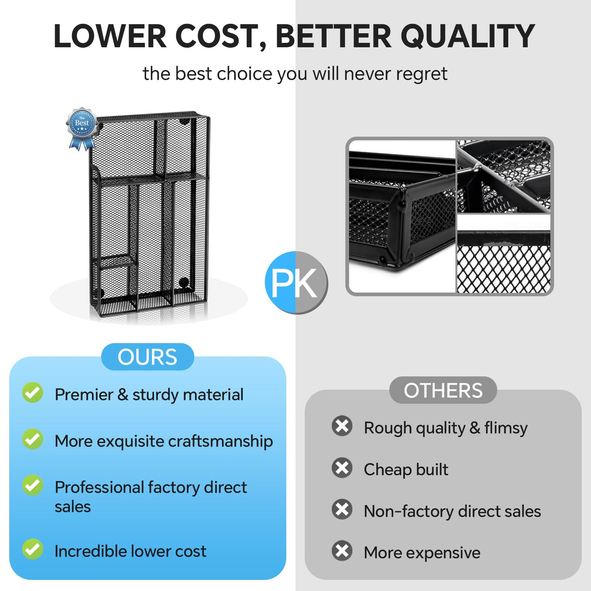 Kciplab Desk Drawer Organizer, Office Drawer Divider Organizer Tray with 6 Compartments, Metal Mesh