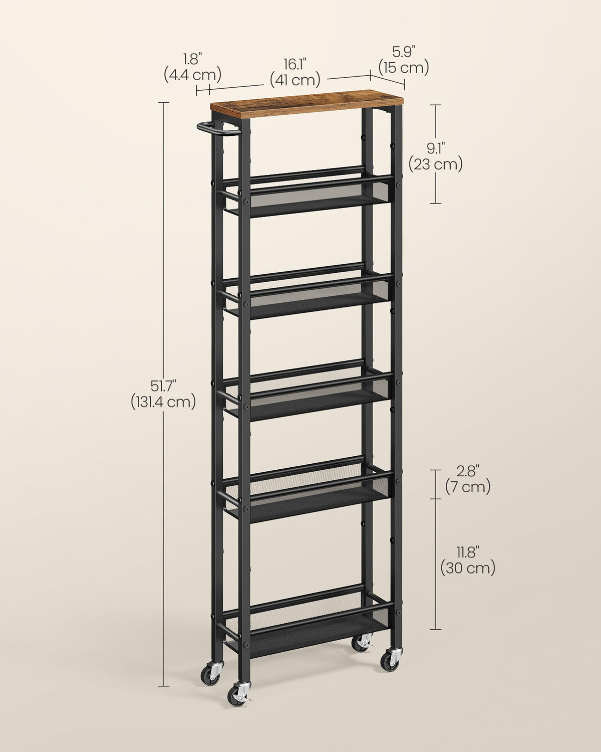 VASAGLE 6-Tier Utility Rolling Laundry Cart, 17.9 x 5.9 x 51.7 inch