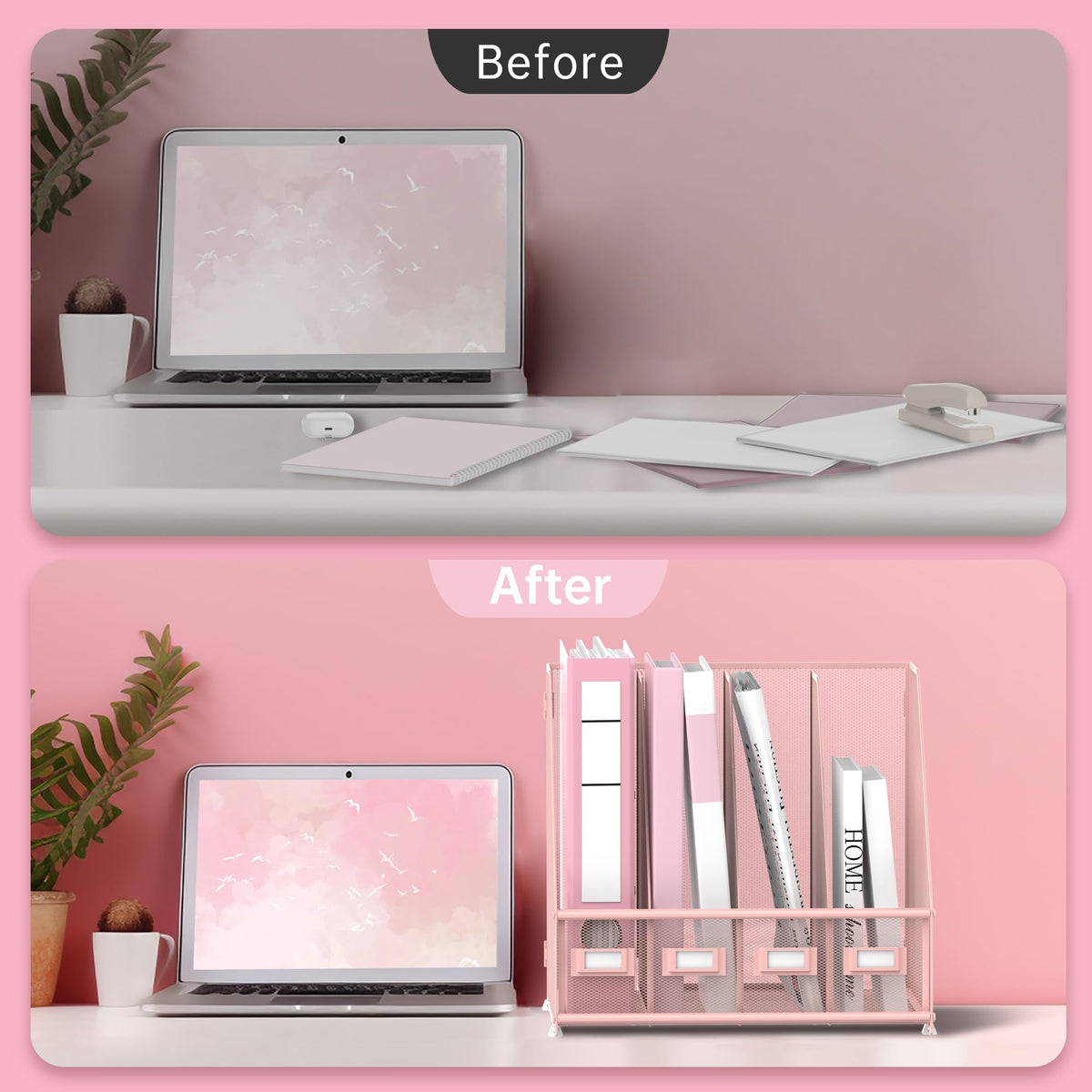 4-Compartment Magazine File Holder and File Organizer for Desk, Pink
