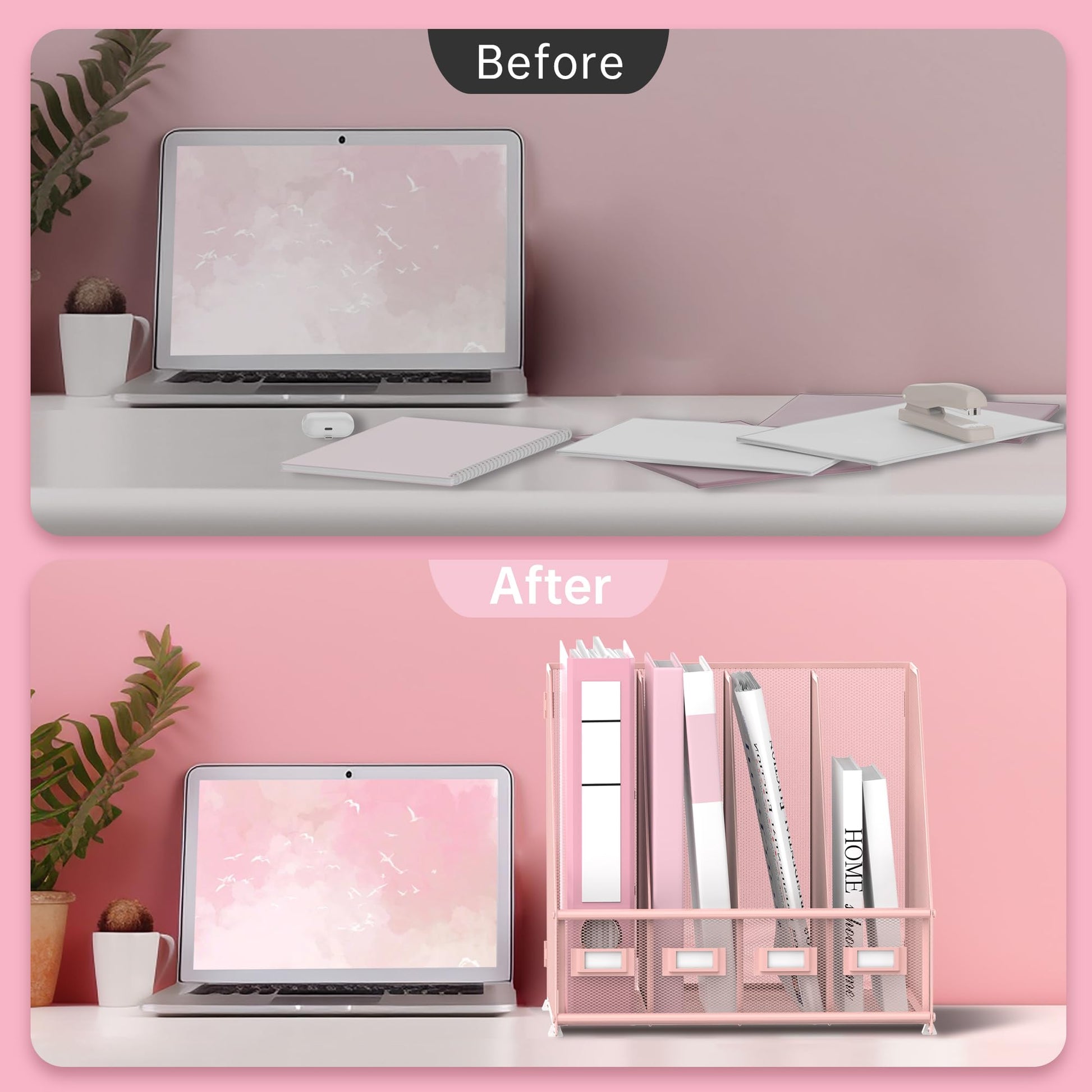 4-Compartment Magazine File Holder and File Organizer for Desk, Pink