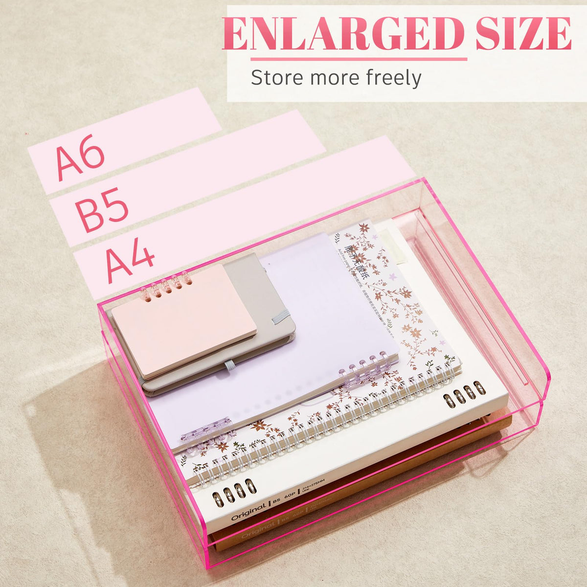 Harloon 4 Tier Clear Hot Pink Acrylic Paper Organizer Letter Tray, Aesthetic Stackable Low Profile