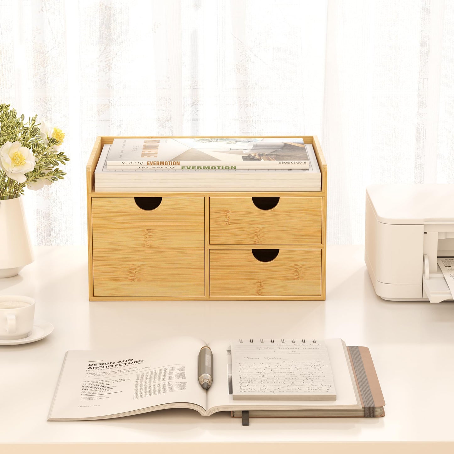 Bamboo Desk Organizer with Drawers, Desktop Storage for Office Supplies