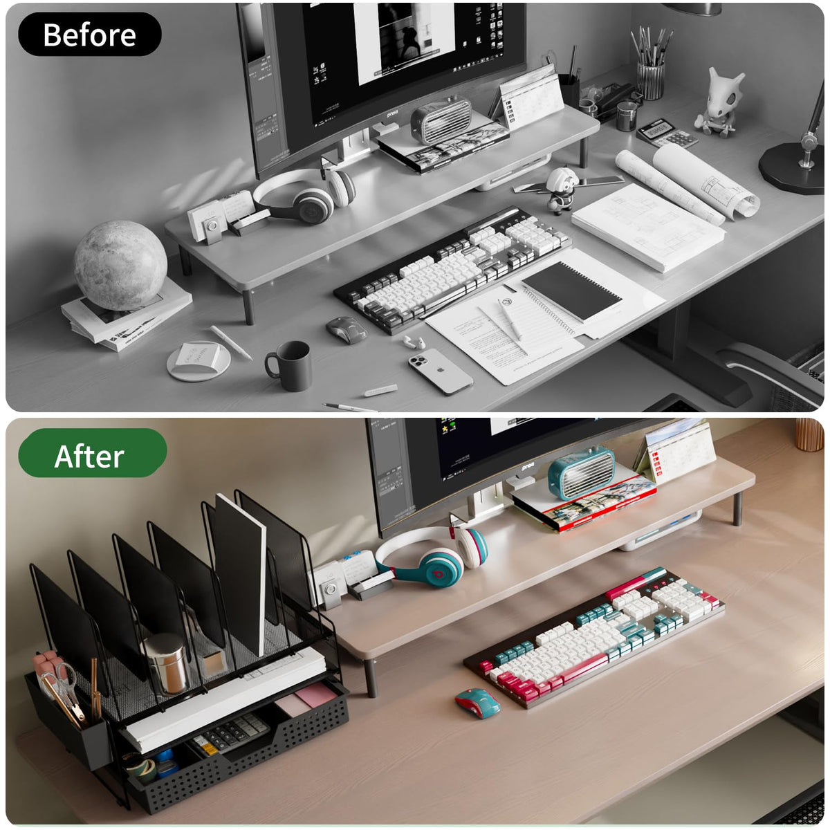 LEKETREE Desk Organizer, Office Organization with Vertical File Holder, File Organizer with Drawer