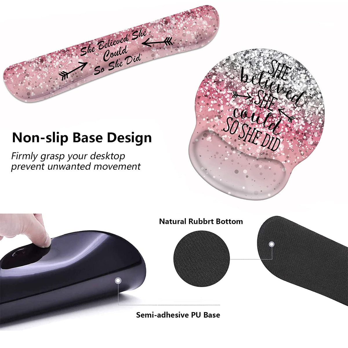 Keyboard Wrist Rest and Mouse Pad Wrist Support Set with Coasters, She Believed She Could So She