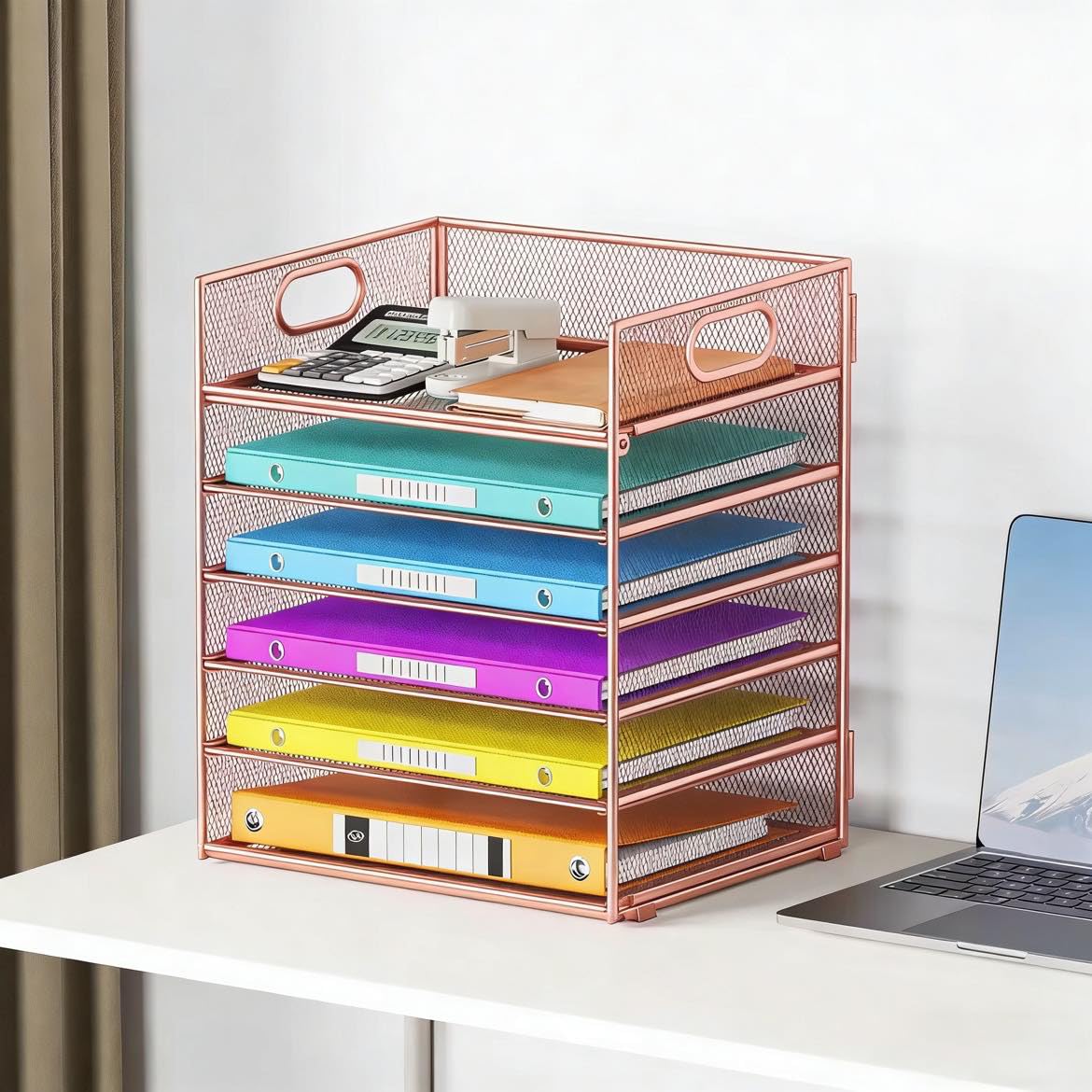 6 Tiers Letter Tray Paper Organizer with Handle, Mesh Desk File Organizer, Metal Desktop Document