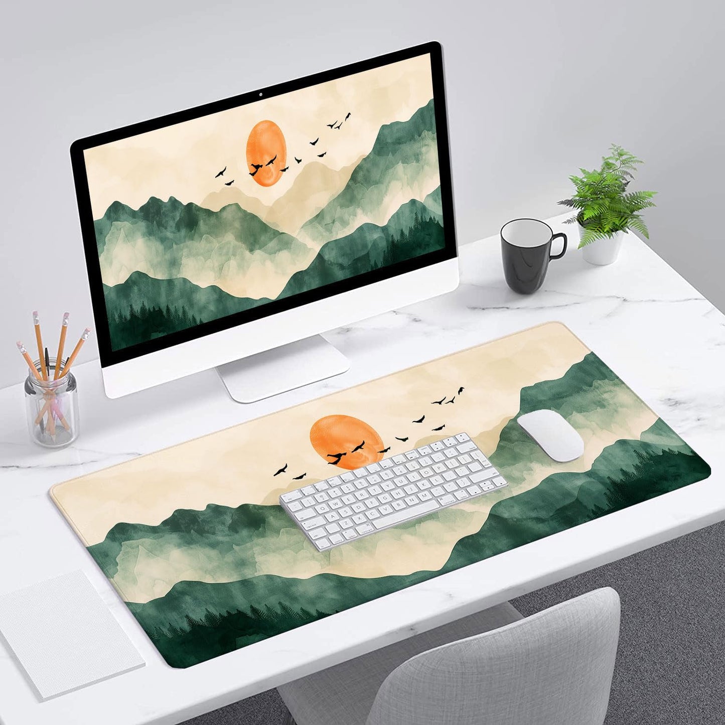 Mountains Desk Pad Mouse Pad Green Yellow Forest Landscape Mousepad XL Large Gaming Mouse Pad
