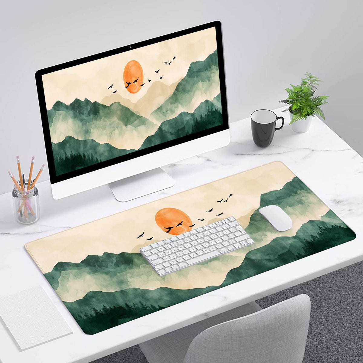 Mountains Desk Pad Mouse Pad Green Yellow Forest Landscape Mousepad XL Large Gaming Mouse Pad