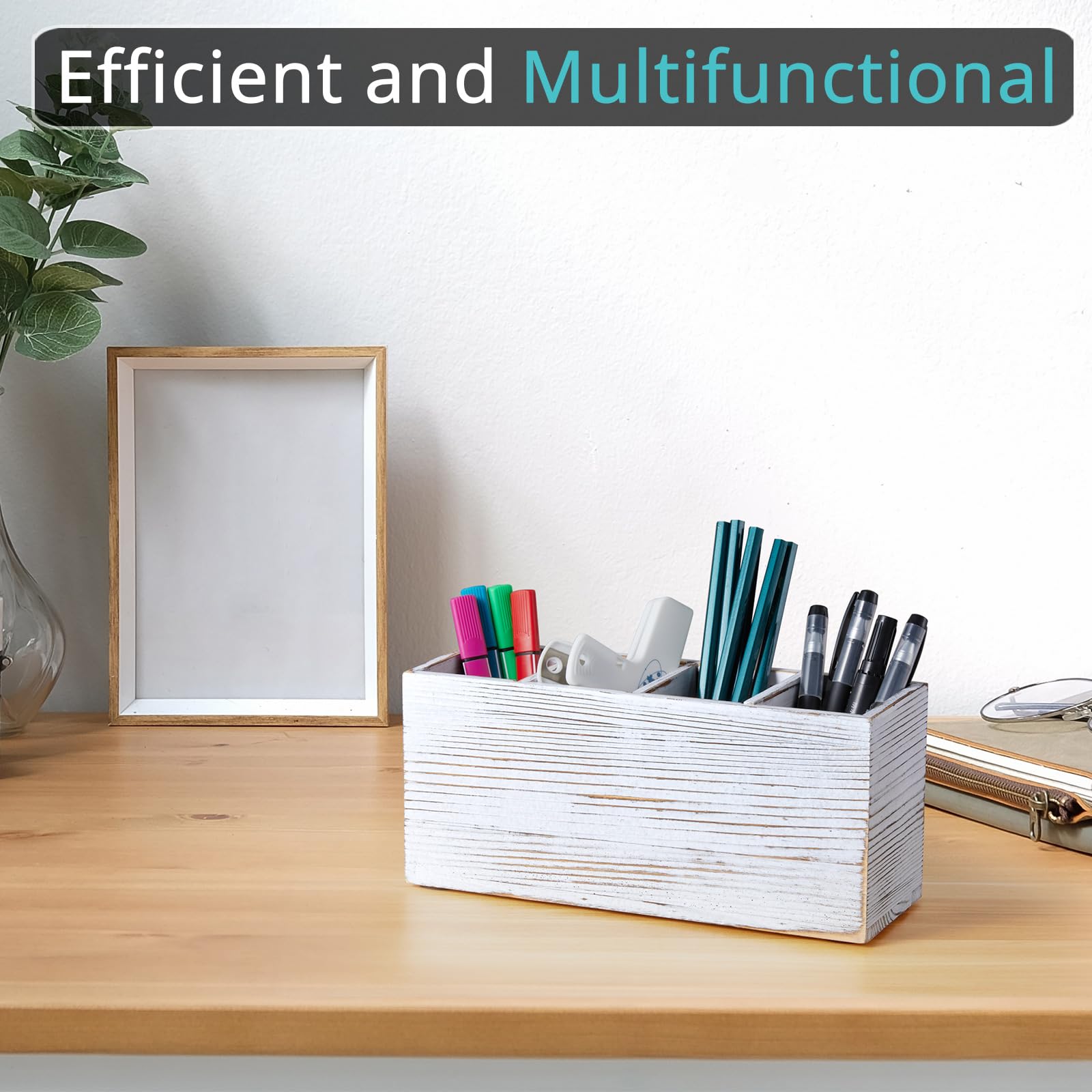 Pencil Pen Holder for Desk, White Washed Wood Office Desk Organizers and Accessories with 4 Slots