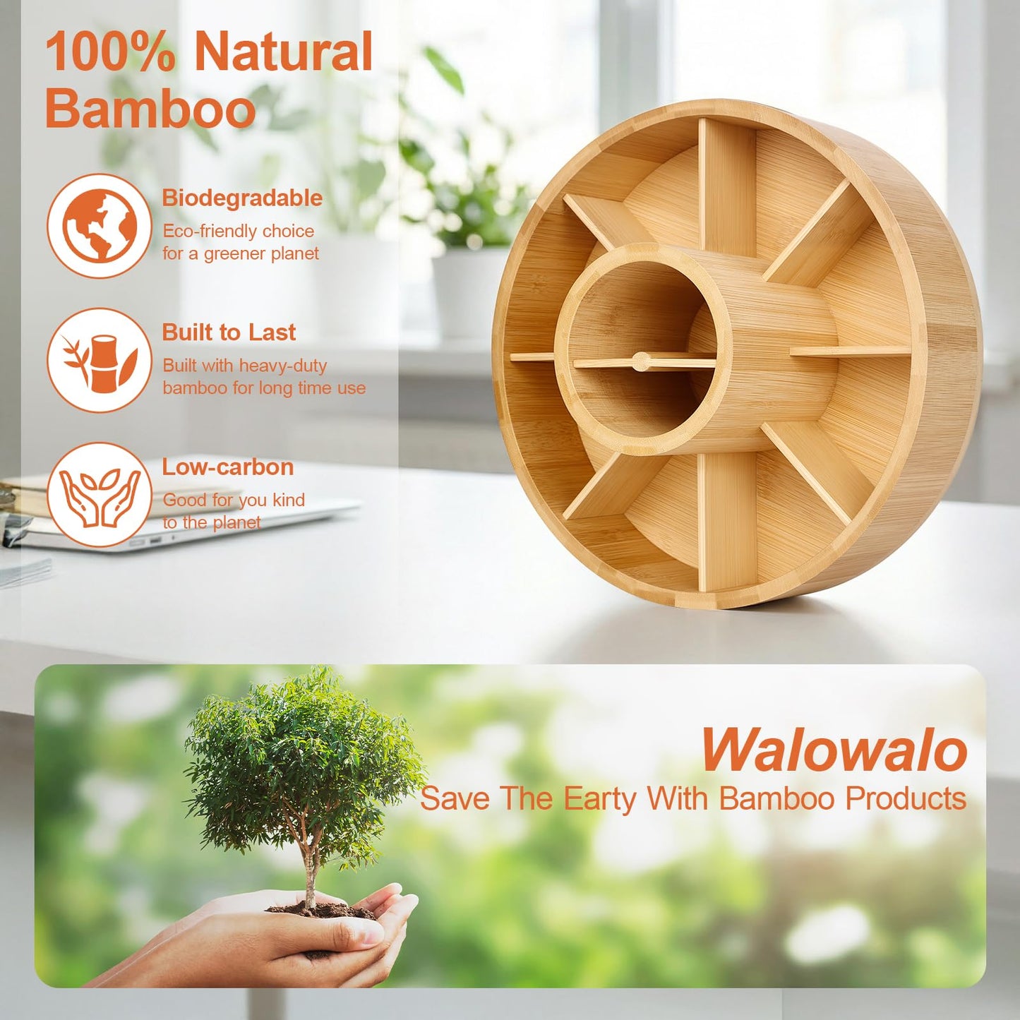 Marker Organizer Rotating Bamboo Desk Organizer, Silent 360° Rotation Caddy, 10 INCH LARGE Art