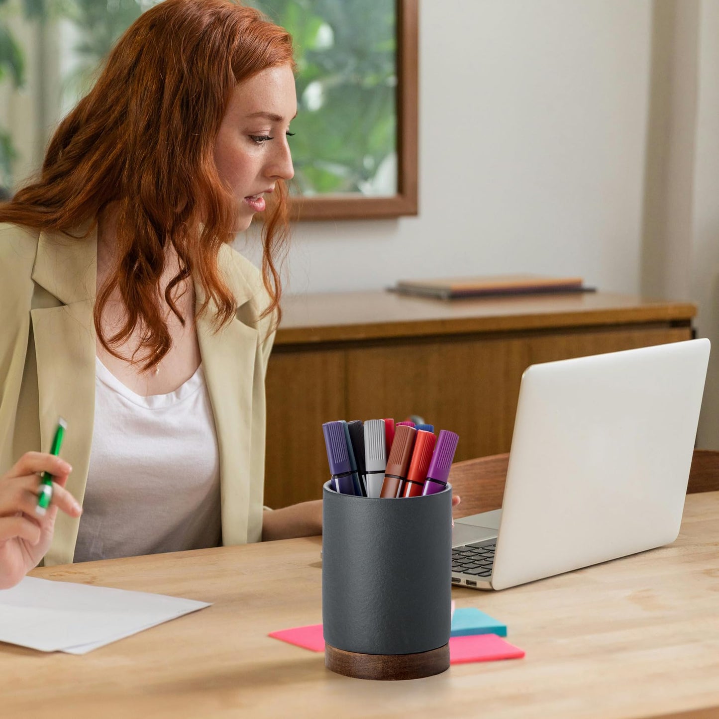 Officepal Ceramic Pen Holder for Desk, Pencil Cup, (Dark Grey, Set / 2)