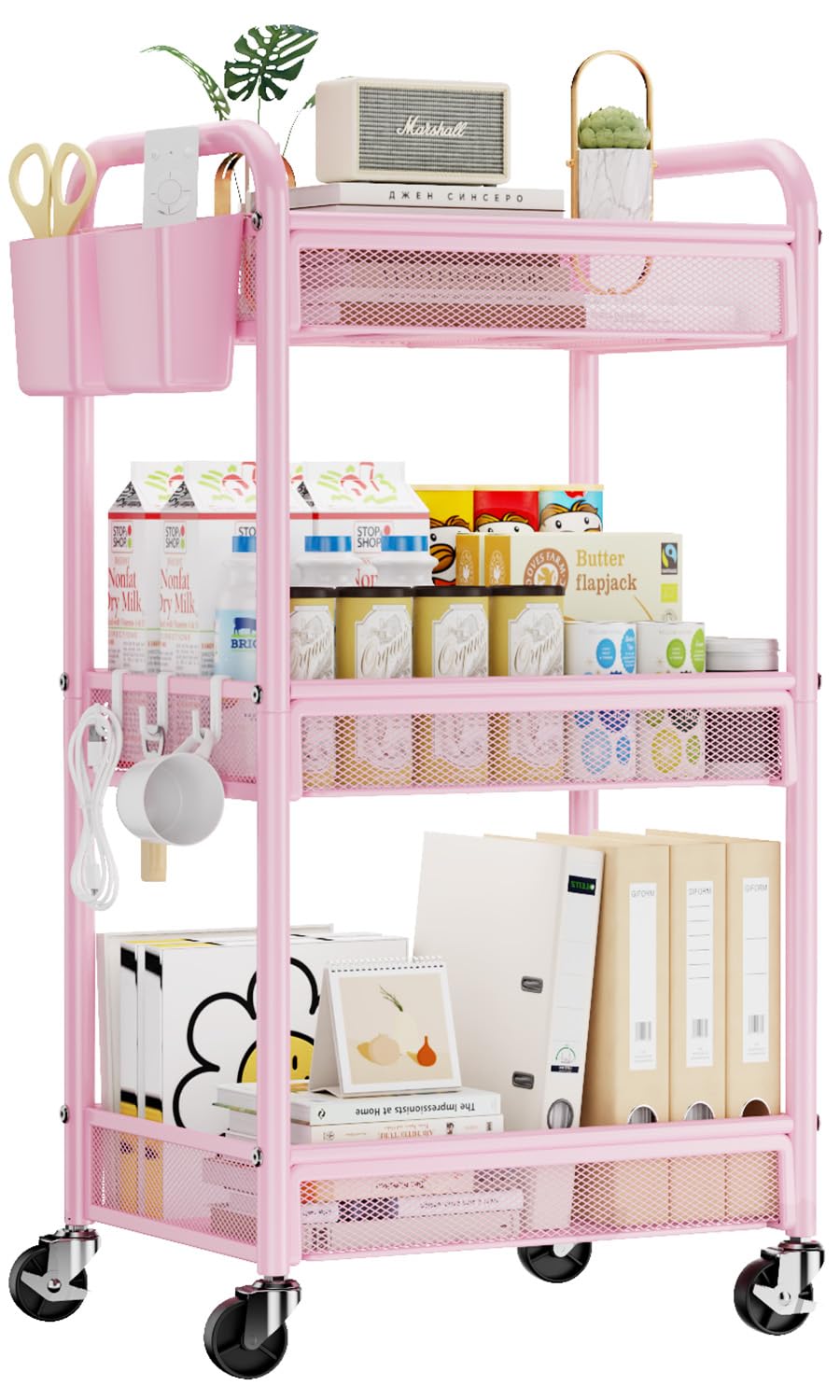 YASONIC 3 Tier Metal Rolling Cart, Pink Utility Storage Cart with Wheels