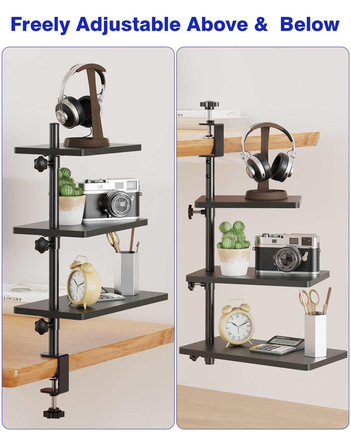 ART-GIFTREE 3 Tiers Clamp On Desk Shelf, 360° Angle Adjustable Desktop Shelf Organizer for Home