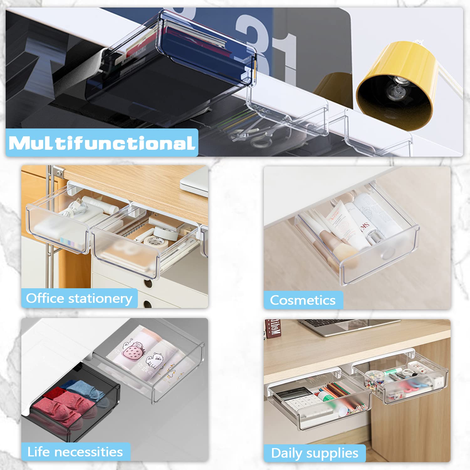 OSPNIEEK Self-adhesive Under Desk Drawer Organizer, 2 Pack Table Hidden Slide Out Large Storage