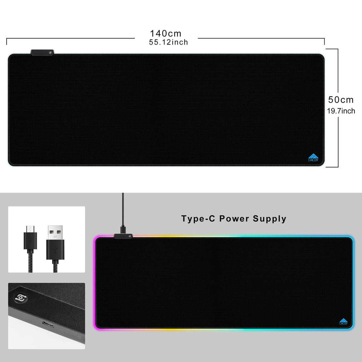 Cacoy 55"x20" RGB Gaming Mouse Pad XXL,Non-Slip LED Lighting Desk Mat,Black
