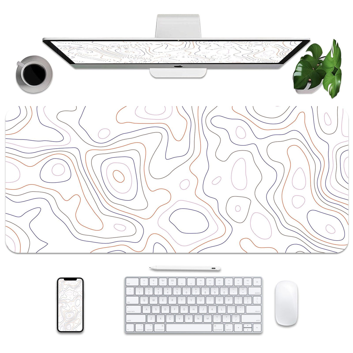 White Topographic Map Desk Mat 35.4" x 15.7", PU Leather Computer Laptop Mat, Non-Slip Waterproof