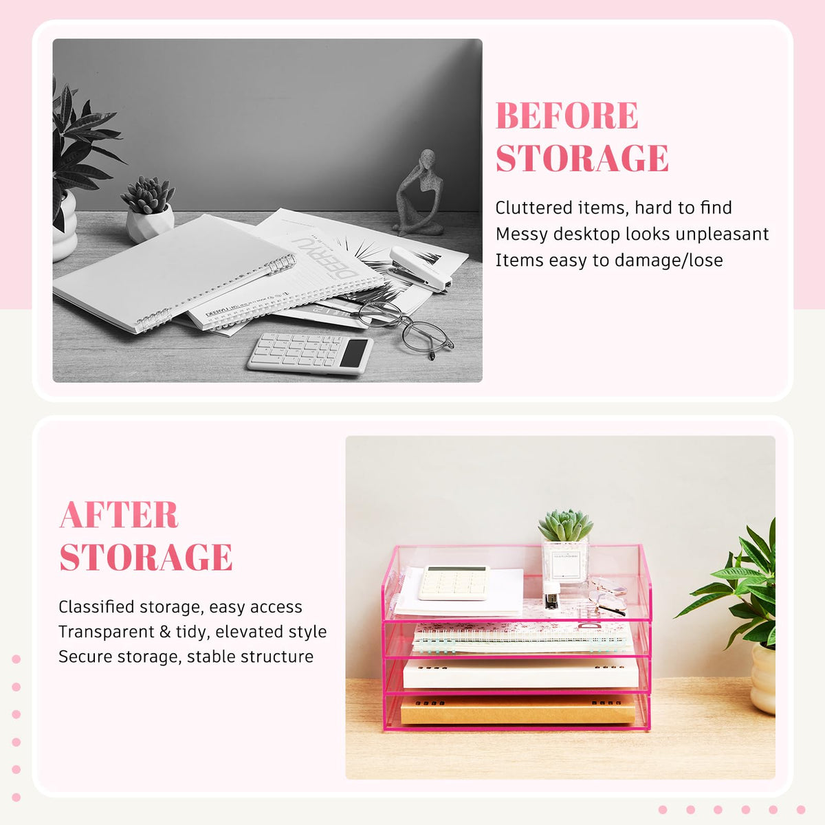 Harloon 4 Tier Clear Hot Pink Acrylic Paper Organizer Letter Tray, Aesthetic Stackable Low Profile