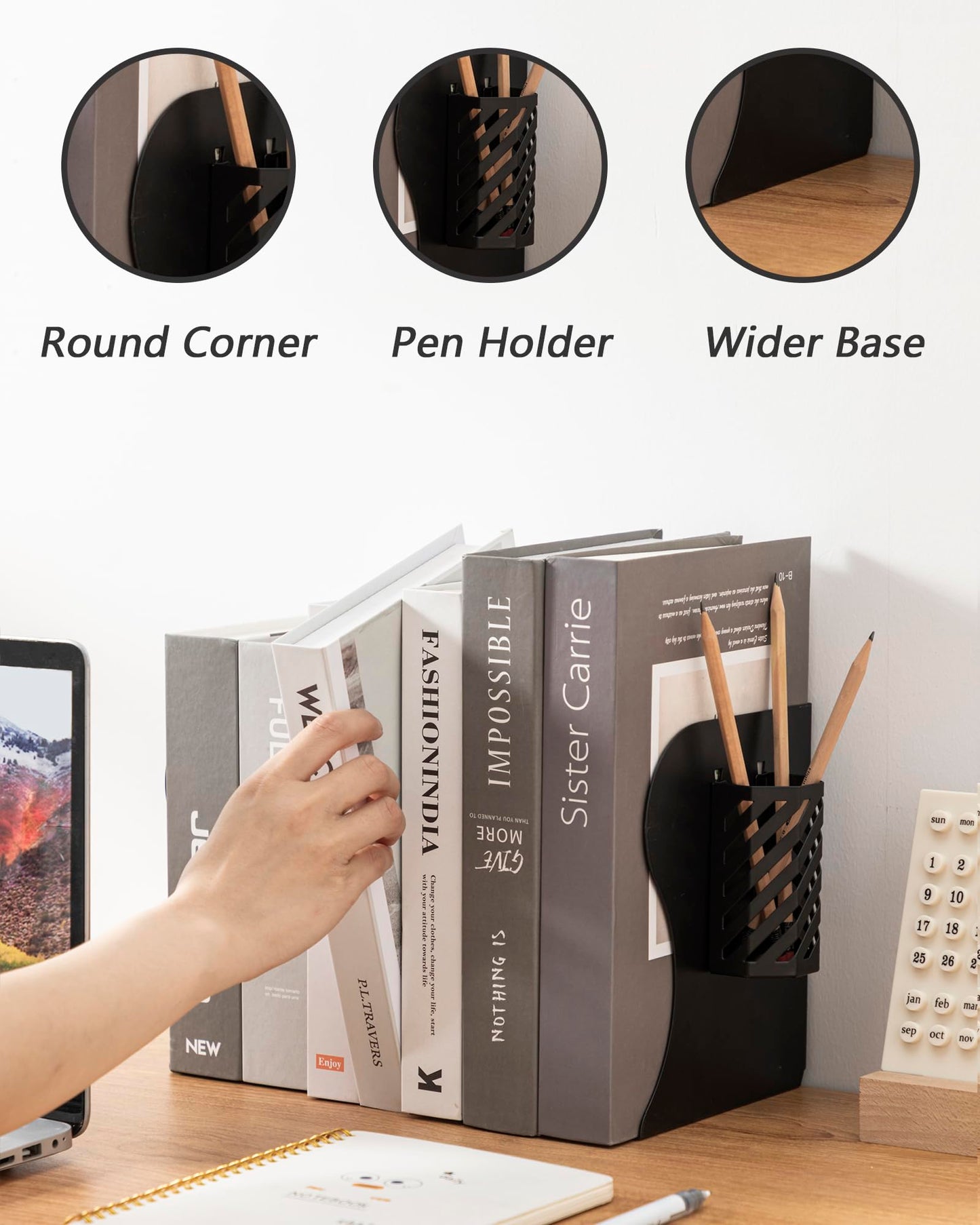 Kingsmile Book Ends, Adjustable Heavy Duty Metal Book Stoppers with Pen Holder for Desk Office