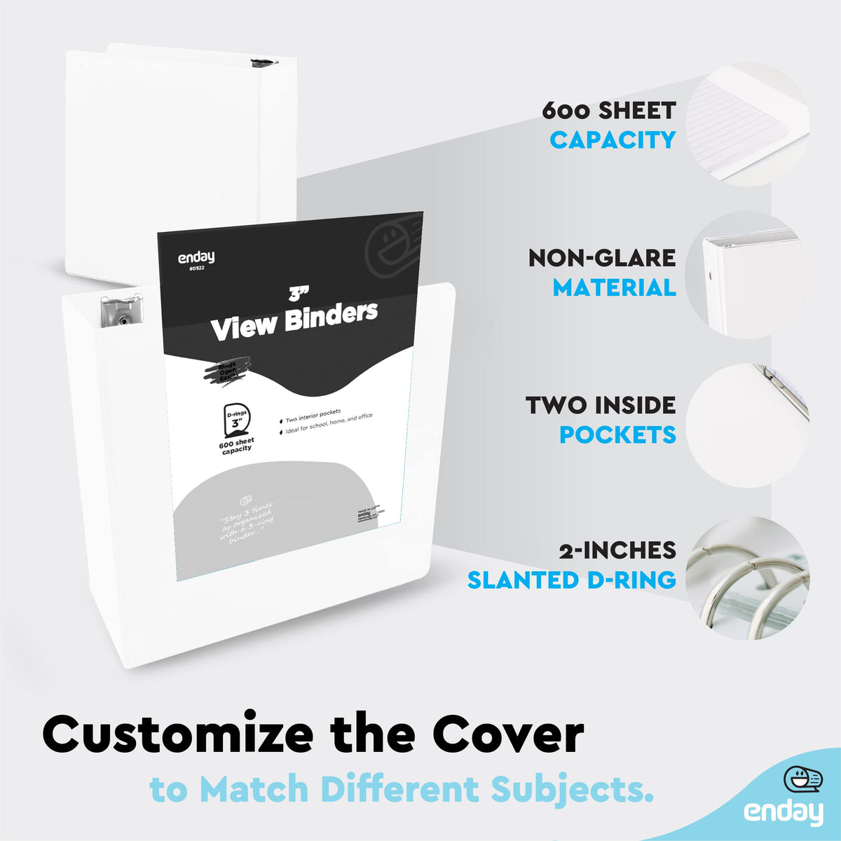 Enday 3 Inch Binder White 3 Ring Binder 3 Inch, Heavy Duty Three Ring Binder, 600 Sheets Capacity