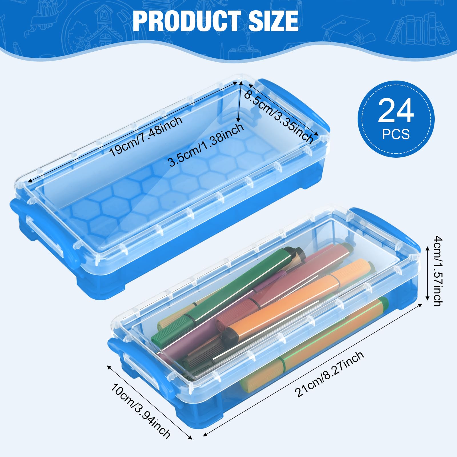 Gueevin 24 Pcs Pencil Box Clear Plastic Pencil Case, Cute Blue