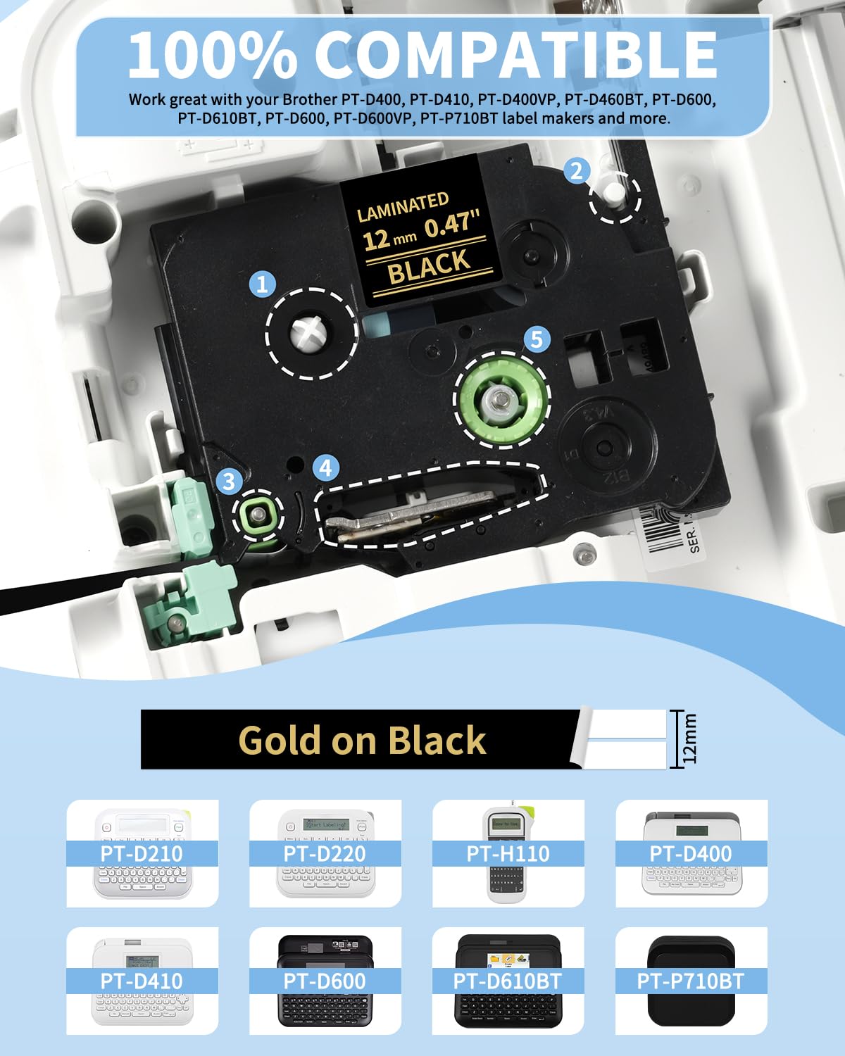 Replacement for Brother P Touch Label Tape Gold on Black TZe-334 TZe334
