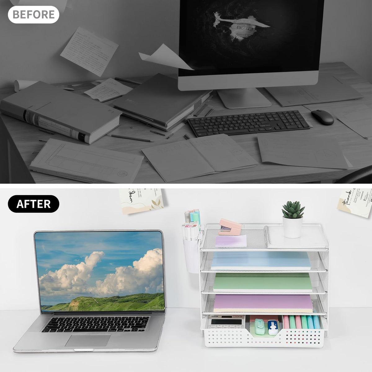 LEKETREE Desk Organizer and Accessories, 5-Tier Paper Letter Tray Organizer with Drawer & 2 Pen