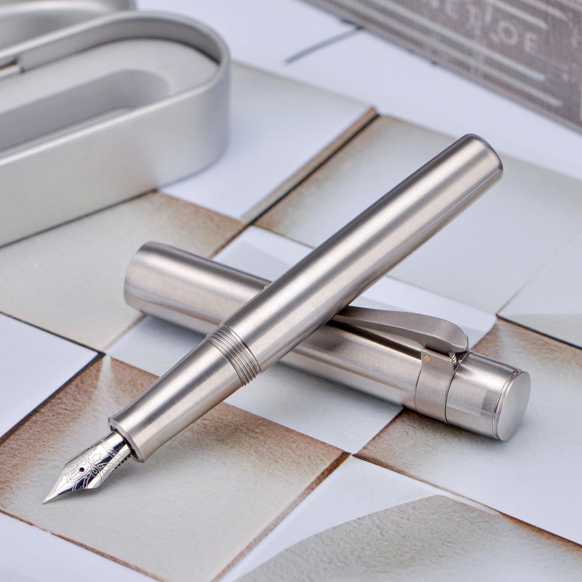 HONG DIAN M2 Titanium Mini Fountain Pen, Fine Soft Nib & Sleek Shape Metal Short Pocket Travel Pen