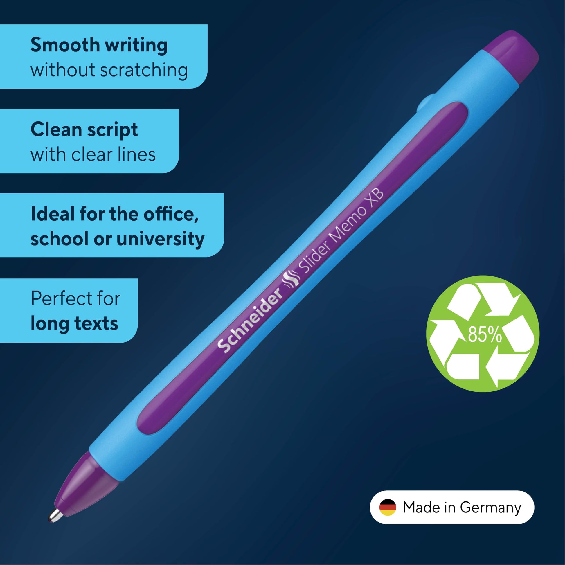 Schneider Slider Memo XB (Extra Broad) Ballpoint Pen, 1.4 mm, Light Blue Barrel, Violet Ink, Box of