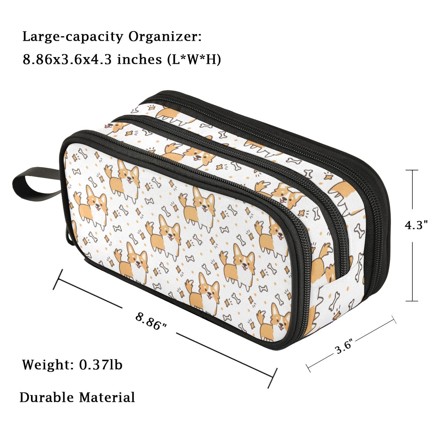 Fustylead Funny Cute Cartoon Corgi Bone Large Pencil Pen Case Stationery Bag, 3 Compartments School