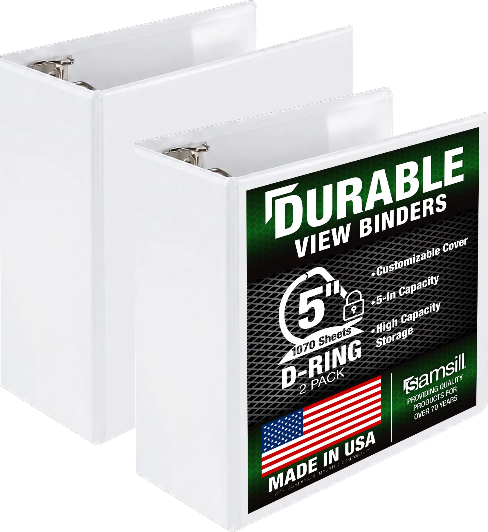 Samsill Durable 5 Inch 3 Ring Binder, D Ring Binder, Customizable Clear View, White, 2-Pack, Holds