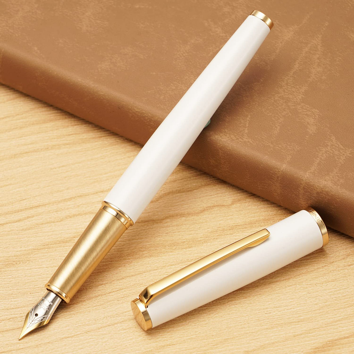 Jinhao 95 Metal Fountain Pen Fine Nib, Pearl White with Golden Clip Writing Pen