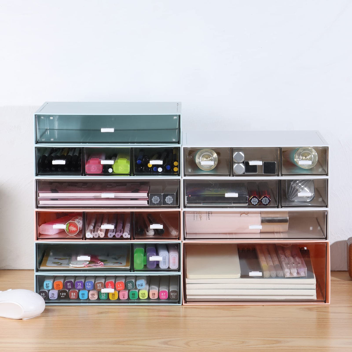 OSteed Stackable Storage Drawers, Office Desk Organizer with 7 Flat Drawers