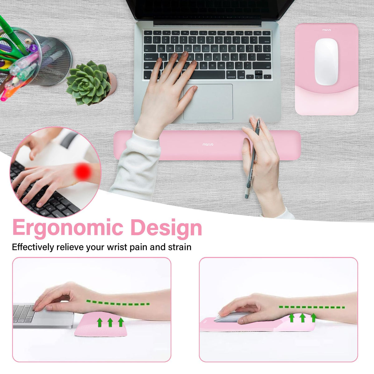 MOSISO Wrist Rest Support Mouse Pad & Keyboard Set, Pink