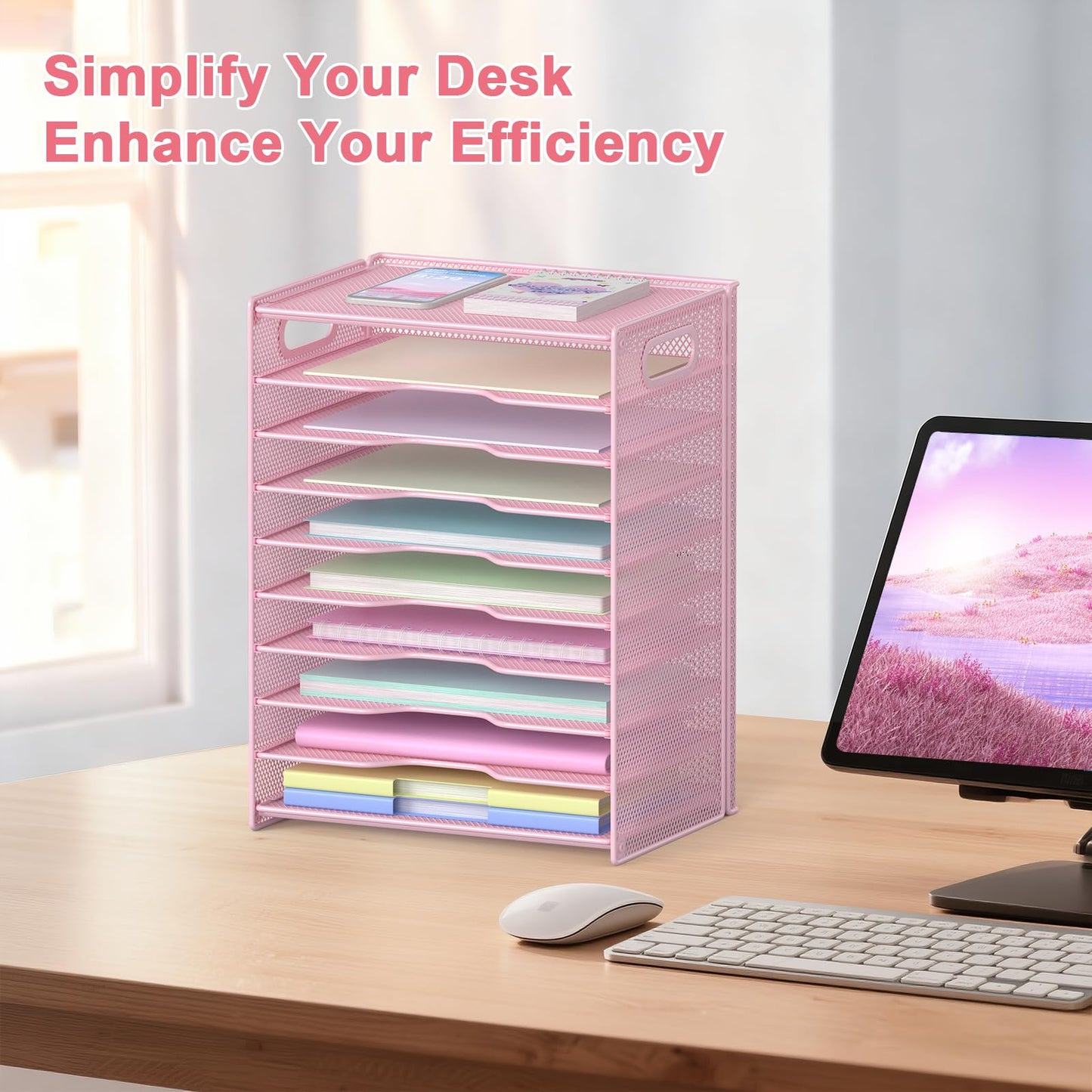 OUTWOLF 10 Tier Paper Organizer - Letter Tray Mesh Desk File Organizer with Handles for Office