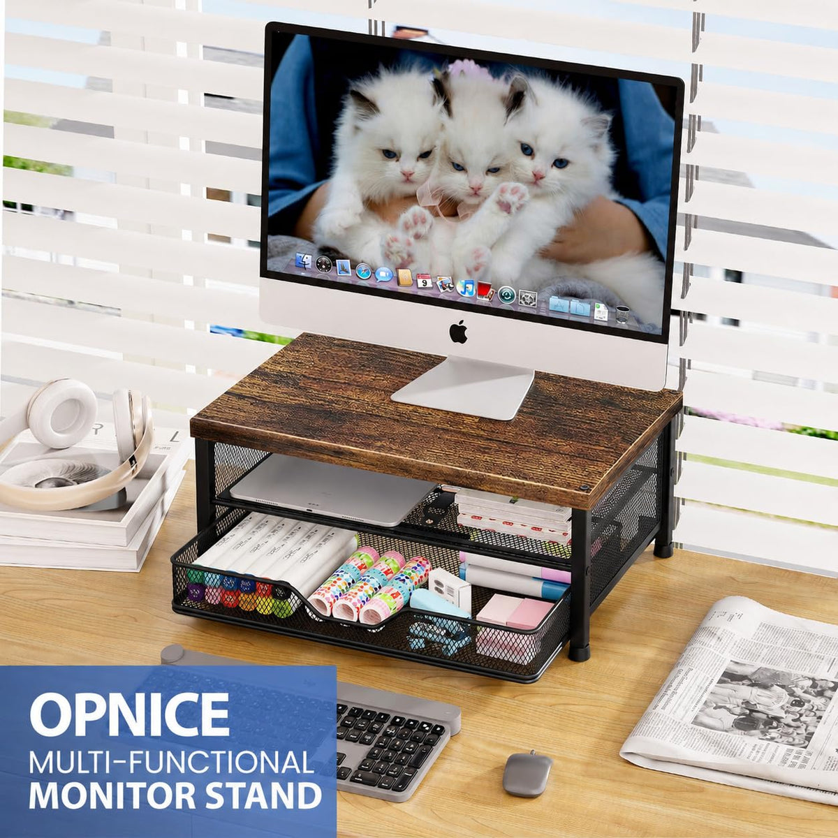 OPNICE Computer Monitor Stand Riser, Desk Organizer with Drawer, Printer & Laptop Stand, Office