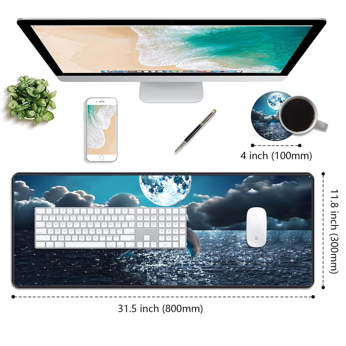 Desk Pad Mat Gaming Mouse Pads with Coasters, 31.5"x 11.8" XXL Large Big Computer Keyboard Mouse