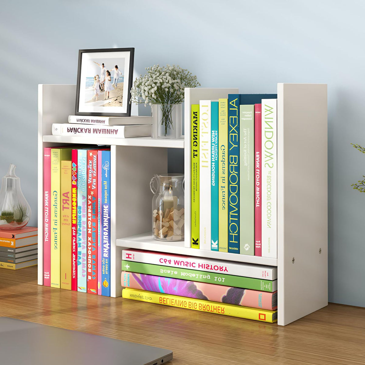 JLD Wood Adjustable 5-Shelf Desktop Bookshelf, Expandable Office Storage Rack, White