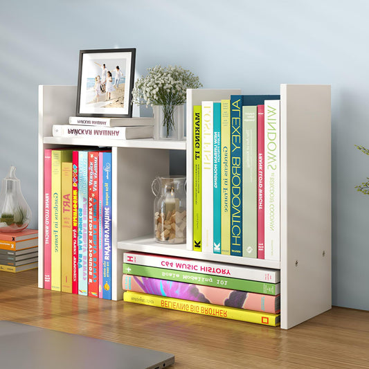 JLD Wood Adjustable 5-Shelf Desktop Bookshelf, Expandable Office Storage Rack, White